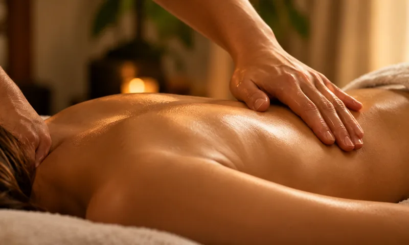 Toalha enrolada e óleo de massagem em tigela de madeira