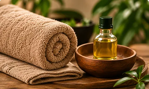 Toalha enrolada e óleo de massagem em tigela de madeira