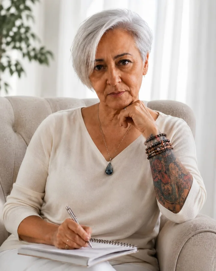 Tânia Yamaguti escrevendo em um caderno