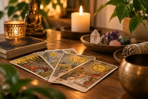 Cartas de tarô sobre a mesa com velas e cristais
